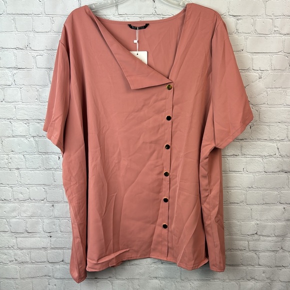 BloomChic Pink Asymmetrical Collar Button Detail Blouse Plus Size 3X - Picture 2 of 6
